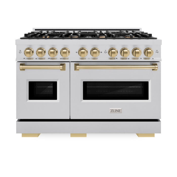 ZLINE Autograph Edition 48 in. 6.7 cu. ft. Classic Double Oven Gas Range with 8 Burner Cooktop in Stainless Steel and Champagne Bronze Accents (CGRZ-48-CB)