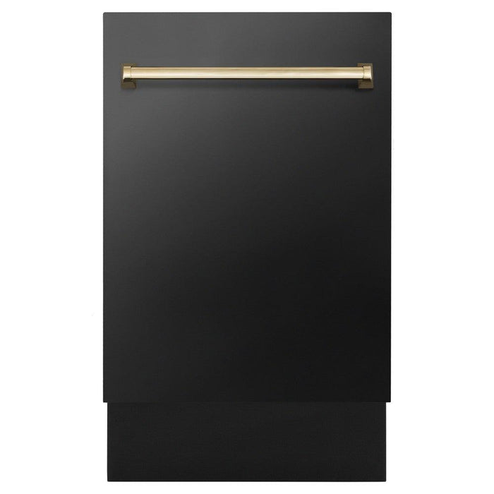 ZLINE Autograph Edition 18 in. Tallac Series 3rd Rack Top Control Built-In Dishwasher in Black Stainless Steel with Polished Gold Handle, 51dBa (DWVZ-BS-18-G) 