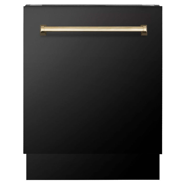 ZLINE Autograph Edition Kitchen Package in Black Stainless Steel with 30 in. Dual Fuel Range, 30 in. Range Hood, 24 in. Dishwasher and 36 in. French Door Refrigerator with Polished Gold Accents (4AKPR-RABRHDWV30-G)