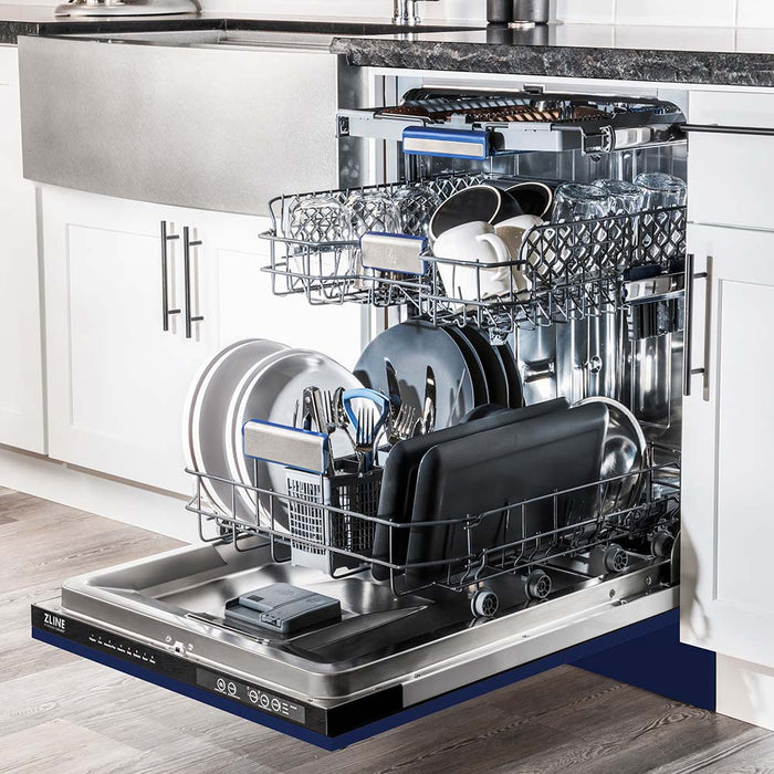 ZLINE 24 in. Tallac Series 3rd Rack Dishwasher with Blue Gloss Panel and Traditional Handle, 51dBa (DWV-BG-24)