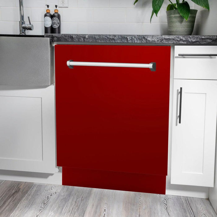 ZLINE 24 in. Tallac Series 3rd Rack Dishwasher with Red Gloss Panel and Traditional Handle, 51dBa (DWV-RG-24)