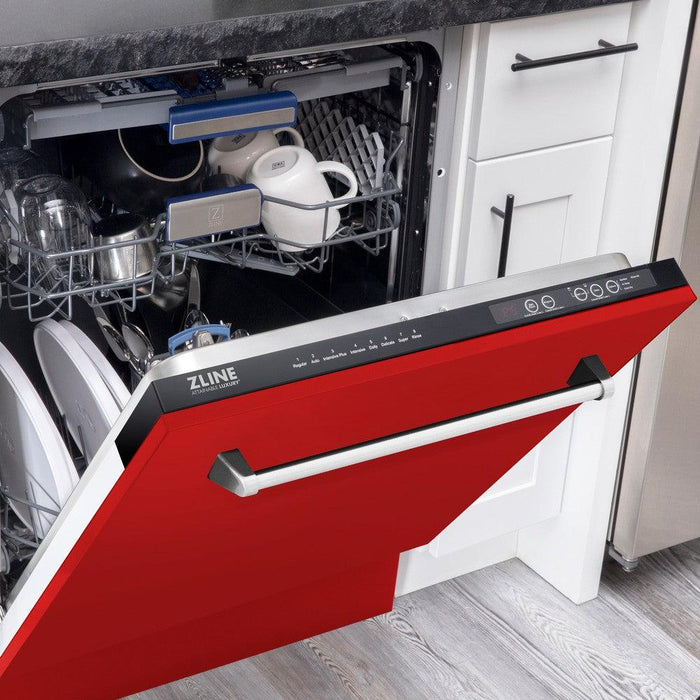 ZLINE 24 in. Tallac Series 3rd Rack Dishwasher with Red Matte Panel and Traditional Handle, 51dBa (DWV-RM-24)