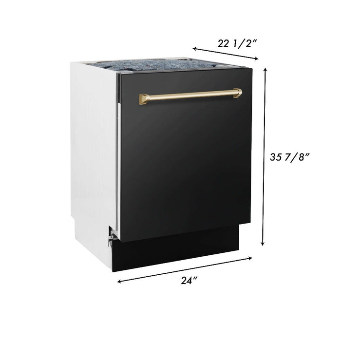 ZLINE Autograph Edition 36 in. Kitchen Package with Black Stainless Steel Dual Fuel Range, Range Hood, Dishwasher and Refrigeration with Champagne Bronze Accents (4AKPR-RABRHDWV36-CB)