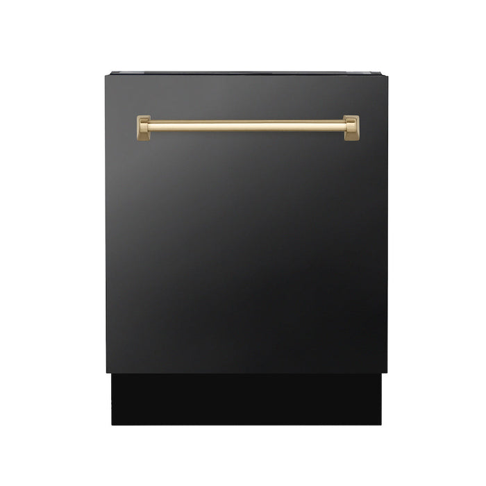 ZLINE Autograph Edition 36 in. Kitchen Package with Black Stainless Steel Dual Fuel Range, Range Hood, Dishwasher and Refrigeration with Champagne Bronze Accents (4AKPR-RABRHDWV36-CB)