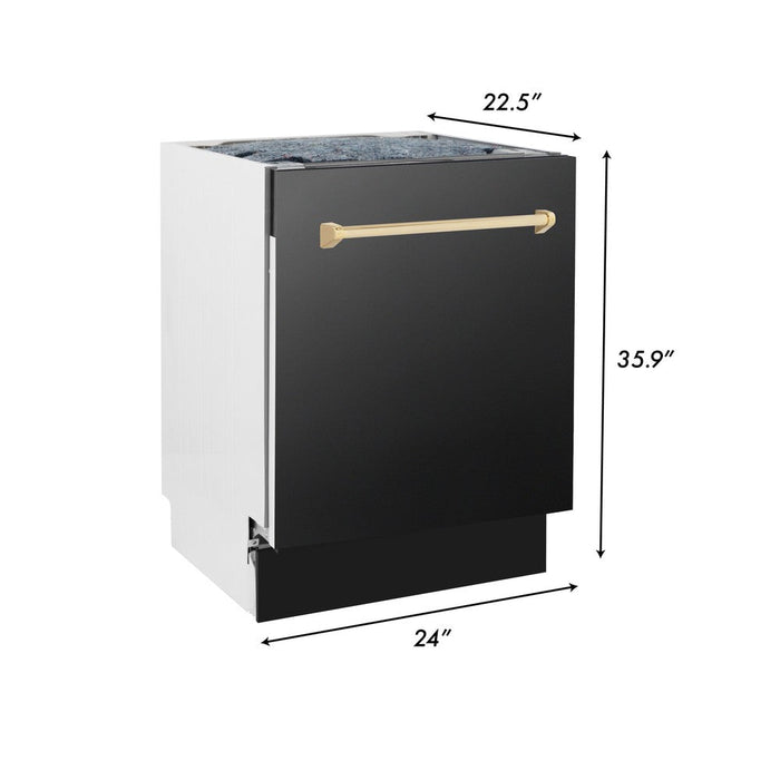 ZLINE Autograph Edition 48 in. Kitchen Package with Black Stainless Steel Dual Fuel Range, Range Hood, Dishwasher and Refrigeration Including External Water Dispenser with Polished Gold Accents (4AKPR-RABRHDWV48-G)