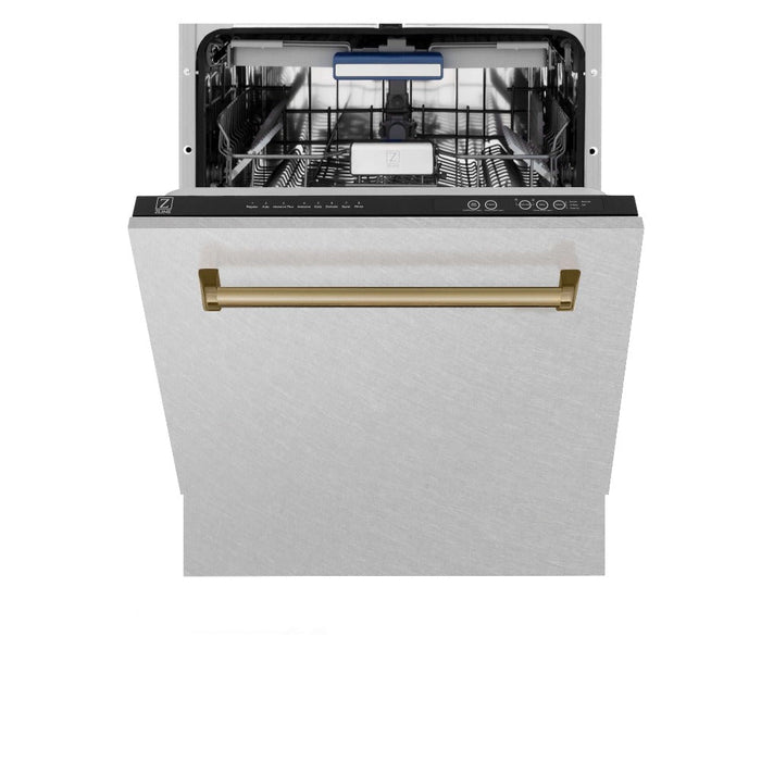 ZLINE Autograph Edition 24 in. Tallac Series 3rd Rack Top Control Built-In Tall Tub Dishwasher in Fingerprint Resistant Stainless Steel with Champagne Bronze Handle, 51dBa (DWVZ-SN-24-CB)