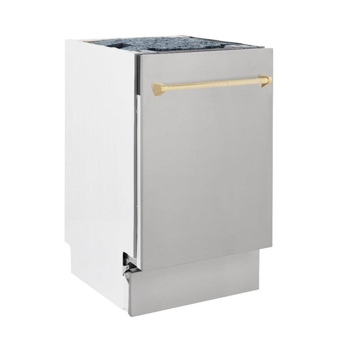 ZLINE Autograph Edition 18 in. Tallac Series 3rd Rack Top Control Built-In Dishwasher in Stainless Steel with Polished Gold Handle, 51dBa (DWVZ-304-18-G)