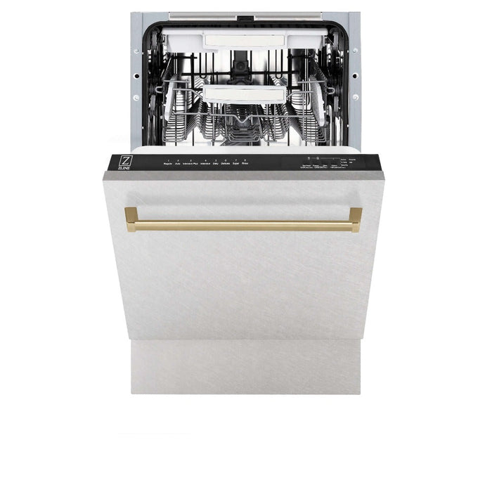 ZLINE Autograph Edition 18 in. Tallac Series 3rd Rack Top Control Built-In Dishwasher in Fingerprint Resistant Stainless Steel with Champagne Bronze Handle, 51dBa (DWVZ-SN-18-CB)