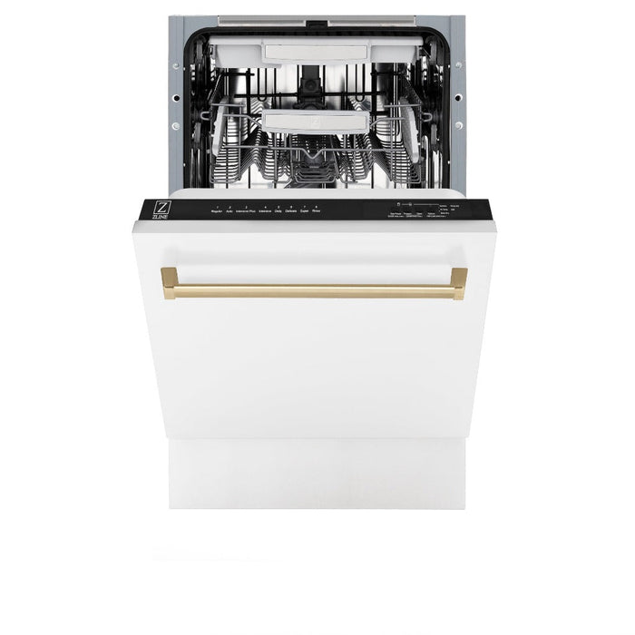 ZLINE Autograph Edition 18 in. Tallac Series 3rd Rack Top Control Built-In Dishwasher in White Matte with Champagne Bronze Handle, 51dBa (DWVZ-WM-18-CB)