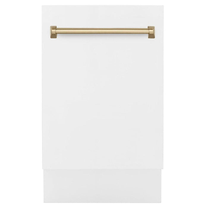 ZLINE Autograph Edition 18 in. Compact 3rd Rack Top Control Dishwasher in White Matte with Champagne Bronze Accent Handle, 51dBa (DWVZ-WM-18-CB)