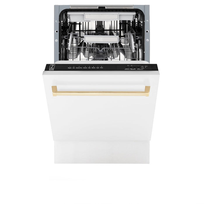 ZLINE Autograph Edition 18 in. Tallac Series 3rd Rack Top Control Built-In Dishwasher in White Matte with Polished Gold Handle, 51dBa (DWVZ-WM-18-G)