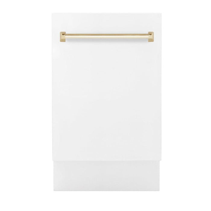 ZLINE Autograph Edition 18 in. Compact 3rd Rack Top Control Dishwasher in White Matte with Polished Gold Accent Handle, 51dBa (DWVZ-WM-18-G)