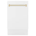 ZLINE Autograph Edition 18 in. Compact 3rd Rack Top Control Dishwasher in White Matte with Polished Gold Accent Handle, 51dBa (DWVZ-WM-18-G)