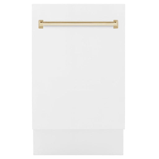 ZLINE Autograph Edition 18 in. Tallac Series 3rd Rack Top Control Built-In Dishwasher in White Matte with Polished Gold Handle, 51dBa (DWVZ-WM-18-G) front, closed.