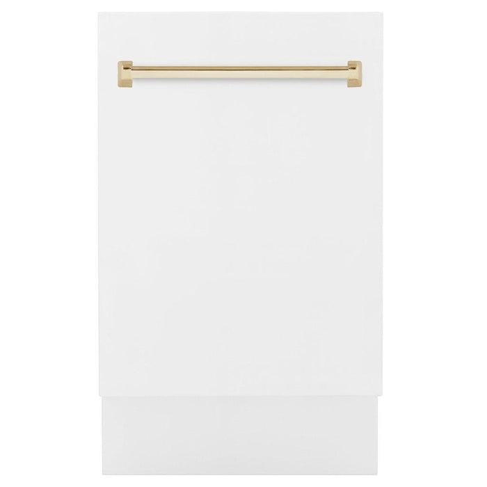 ZLINE Autograph Edition 18 in. Tallac Series 3rd Rack Top Control Built-In Dishwasher in White Matte with Polished Gold Handle, 51dBa (DWVZ-WM-18-G) front, closed.