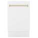 ZLINE Autograph Edition 18 in. Tallac Series 3rd Rack Top Control Built-In Dishwasher in White Matte with Polished Gold Handle, 51dBa (DWVZ-WM-18-G) front, closed.