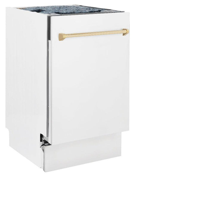 ZLINE Autograph Edition 18 in. Compact 3rd Rack Top Control Dishwasher in White Matte with Polished Gold Accent Handle, 51dBa (DWVZ-WM-18-G)