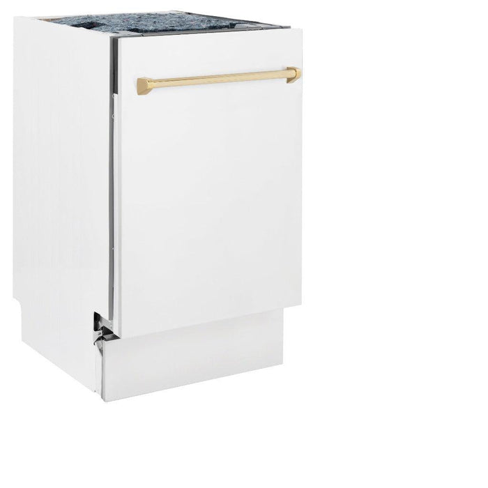 ZLINE Autograph Edition 18 in. Tallac Series 3rd Rack Top Control Built-In Dishwasher in White Matte with Polished Gold Handle, 51dBa (DWVZ-WM-18-G)