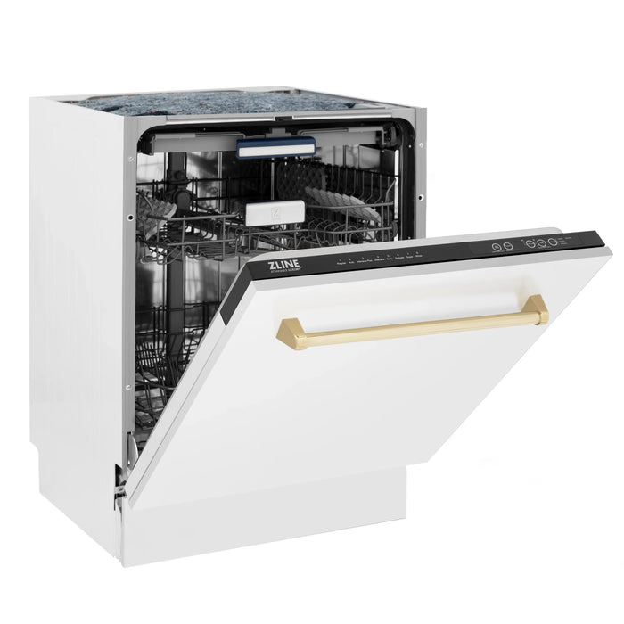 ZLINE Autograph Series 24 inch Tall Dishwasher in White Matte with Gold Handle, DWVZ-WM-24-G