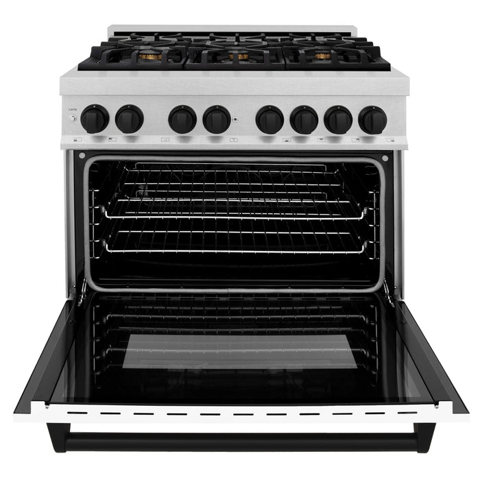 ZLINE Autograph Edition 36 in. 4.6 cu. ft. Range, Gas Stove/Electric Oven in DuraSnow® with White Matte Door, Matte Black Accents, RASZ-WM-36-MB