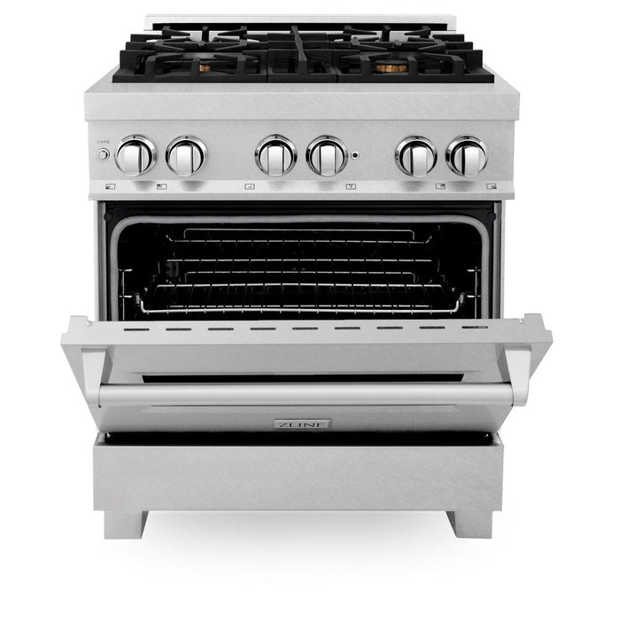 ZLINE 30 in. 4.0 cu. ft. Legacy Dual Fuel Range with Gas Cooktop and Electric Convection Oven in DuraSnow® Stainless Steel with 4 Brass Burners (RAS-SN-BR-30)