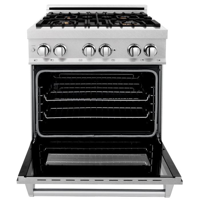 ZLINE 30" 4.0 cu. ft. Gas Burner, Electric Oven with Griddle and Brass Burners in DuraSnow® Stainless Steel, RAS-SN-BR-GR-30