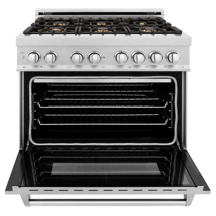 ZLINE 36" 4.6 cu. ft. Gas Burner, Electric Oven with Griddle and Brass Burners in DuraSnow® Stainless Steel, RAS-SN-BR-GR-36