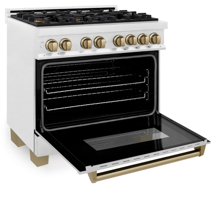 ZLINE Autograph Edition 36 in. 4.6 cu. ft. Range with Gas Stove and Electric Oven in DuraSnow® with Champagne Bronze Accents, RASZ-SN-36-CB