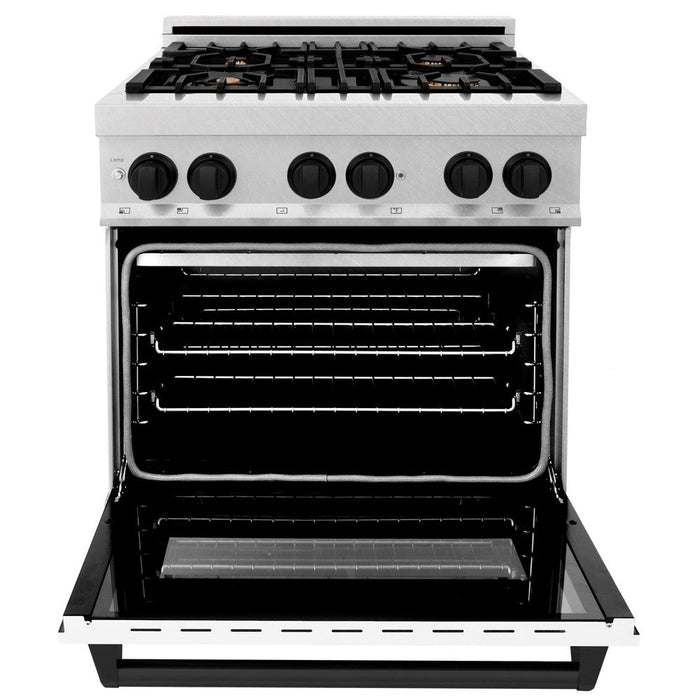 ZLINE Autograph Edition 30 in. 4.0 cu. ft. Legacy Dual Fuel Range with 4 Burner Gas Cooktop and Electric Convection Oven in DuraSnow® Stainless Steel with White Matte Door and Matte Black Accents (RASZ-WM-30-MB)