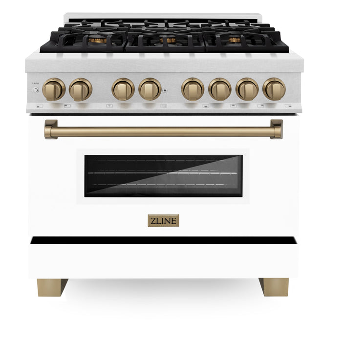 ZLINE Autograph 36" Dual Fuel Range in DuraSnow® Stainless Steel, White Matte Door, Bronze Accent