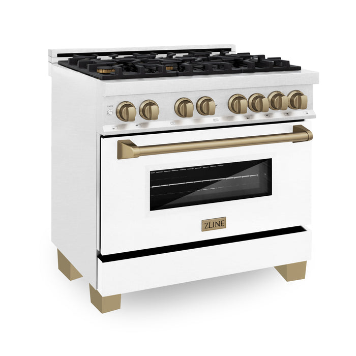 ZLINE Autograph 36" Dual Fuel Range in DuraSnow® Stainless Steel, White Matte Door, Bronze Accent