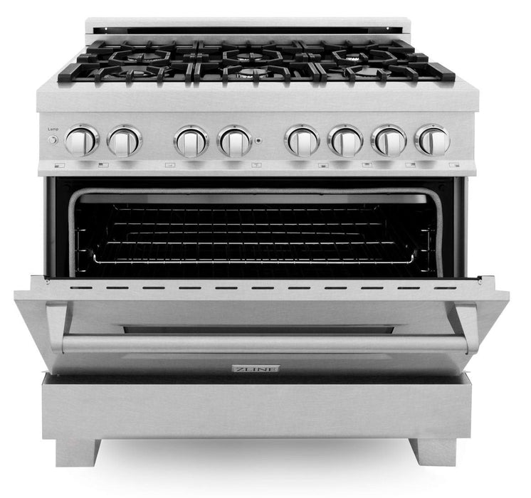 ZLINE 36 in. Kitchen Appliance Package with DuraSnow® Stainless Dual Fuel Range, Ducted Vent Range Hood and Dishwasher, 3KP-RASRH36-DW