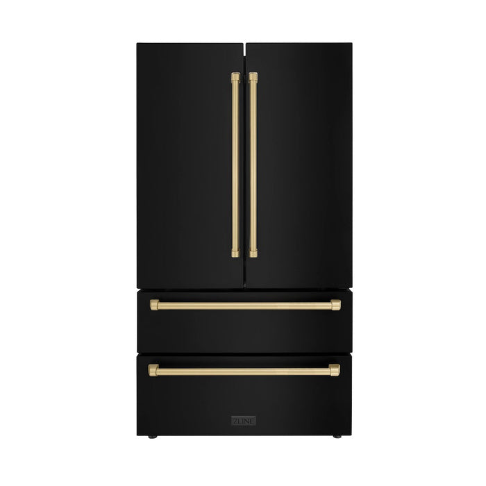 ZLINE Autograph Edition 36 in. Kitchen Package with Black Stainless Steel Dual Fuel Range, Range Hood, Dishwasher and Refrigeration with Champagne Bronze Accents (4AKPR-RABRHDWV36-CB)