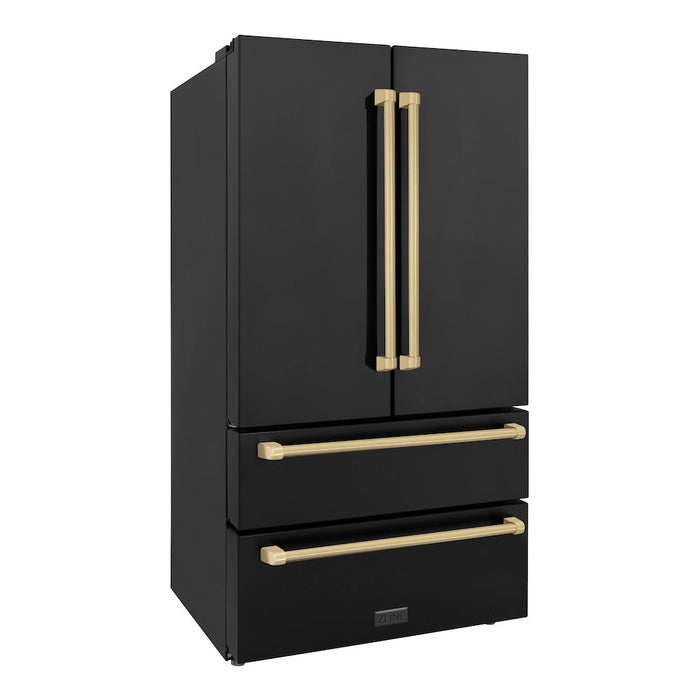 ZLINE Autograph Edition 36 in. Kitchen Package with Black Stainless Steel Dual Fuel Range, Range Hood, Dishwasher and Refrigeration with Champagne Bronze Accents (4AKPR-RABRHDWV36-CB)