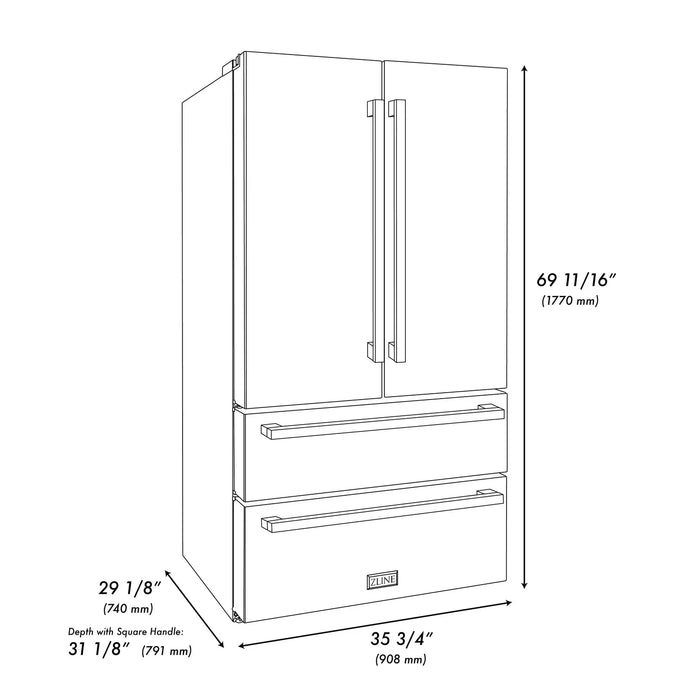 ZLINE 36" Autograph 22.5 cu. ft. Refrigerator with Ice Maker in Black Stainless Steel and Champagne Bronze Square Handles, RFMZ-36-BS-FCB