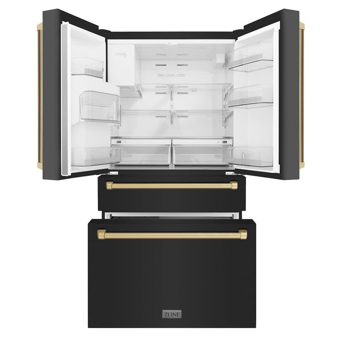 ZLINE Autograph Edition 36 in. 21.6 cu. ft 4-Door French Door Refrigerator with Water and Ice Dispenser in Fingerprint Resistant Black Stainless Steel with Champagne Bronze Traditional Handles (RFMZ-W-36-BS-CB)