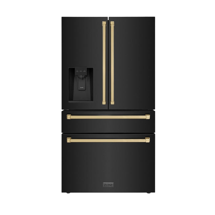 ZLINE Autograph Edition 36 in. 21.6 cu. ft 4-Door French Door Refrigerator with Water and Ice Dispenser in Fingerprint Resistant Black Stainless Steel with Champagne Bronze Traditional Handles (RFMZ-W-36-BS-CB)