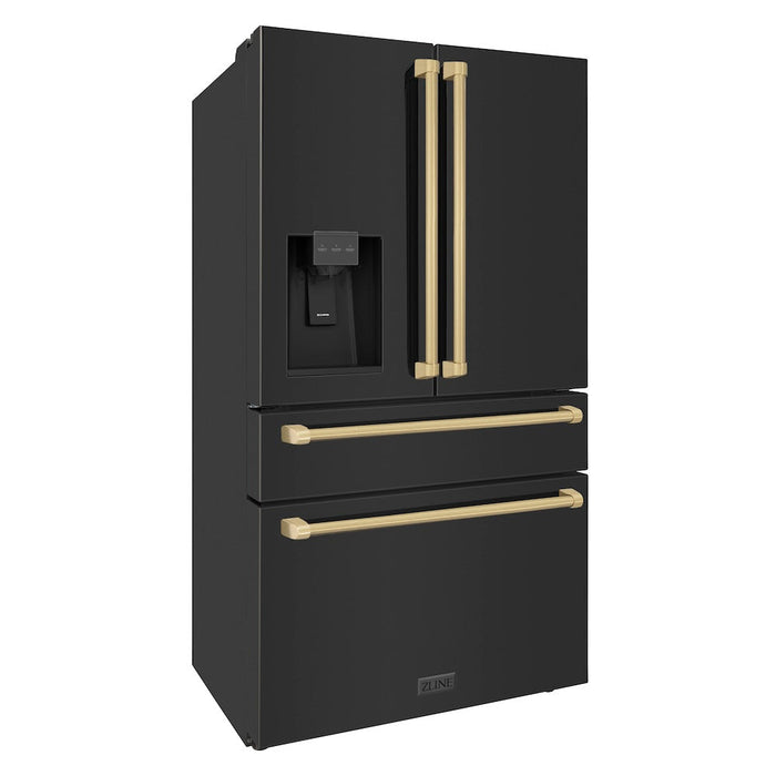 ZLINE Autograph Edition 36 in. 21.6 cu. ft 4-Door French Door Refrigerator with Water and Ice Dispenser in Fingerprint Resistant Black Stainless Steel with Champagne Bronze Traditional Handles (RFMZ-W-36-BS-CB)