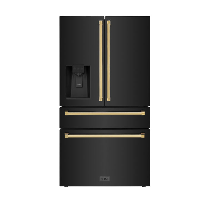 ZLINE Autograph Edition 36 in. 21.6 cu. ft 4-Door French Door Refrigerator with Water and Ice Dispenser in Fingerprint Resistant Black Stainless Steel with Polished Gold Traditional Handles (RFMZ-W-36-BS-G)