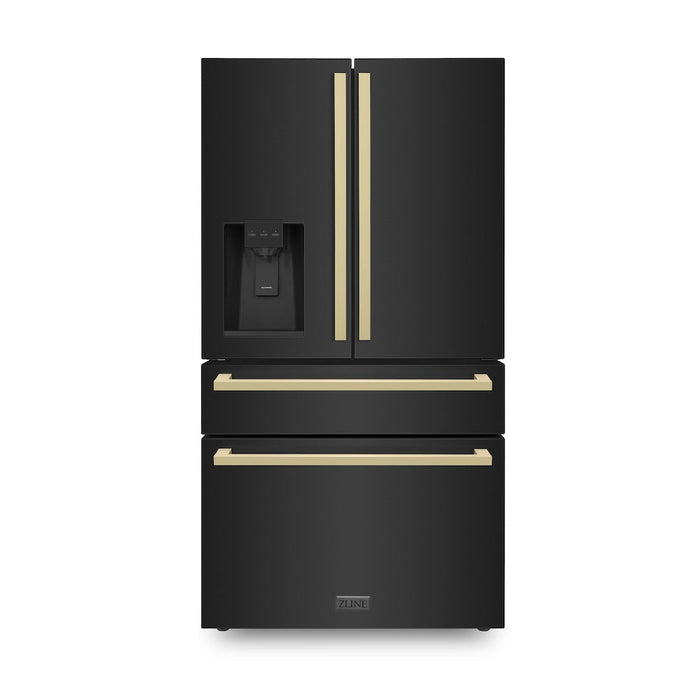 ZLINE Autograph Edition 36 in. 21.6 cu. ft 4-Door French Door Refrigerator with Water and Ice Dispenser in Black Stainless Steel with Champagne Bronze Modern Handles (RFMZ-W36-BS-FCB)