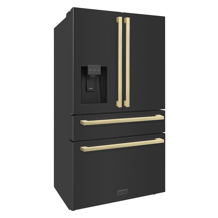 ZLINE Autograph Edition 36 in. 21.6 cu. ft 4-Door French Door Refrigerator with Water and Ice Dispenser in Black Stainless Steel with Champagne Bronze Modern Handles (RFMZ-W36-BS-FCB)