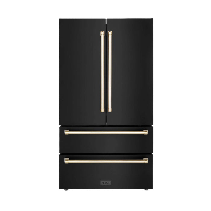 ZLINE Autograph Edition 48 in. Kitchen Package with Black Stainless Steel Dual Fuel Range, Range Hood, Dishwasher and Refrigeration Including External Water Dispenser with Polished Gold Accents (4AKPR-RABRHDWV48-G)