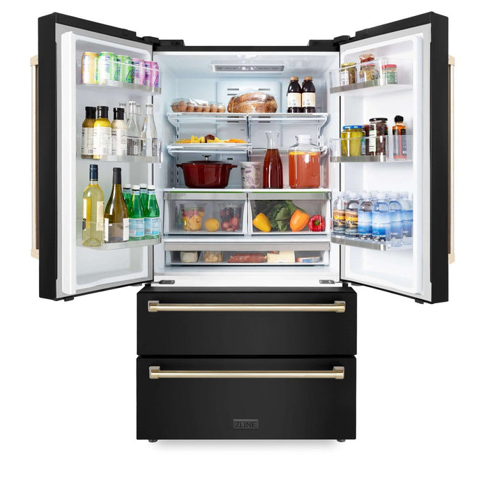 ZLINE Autograph Edition 48 in. Kitchen Package with Black Stainless Steel Dual Fuel Range, Range Hood, Dishwasher and Refrigeration Including External Water Dispenser with Polished Gold Accents (4AKPR-RABRHDWV48-G)