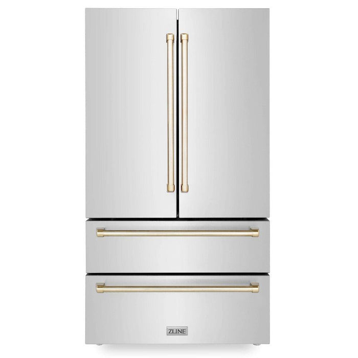 ZLINE Autograph Edition 36 in. 22.5 cu. ft 4-Door French Door Refrigerator with Ice Maker in Fingerprint Resistant Stainless Steel with Polished Gold Traditional Handles (RFMZ-36-G)