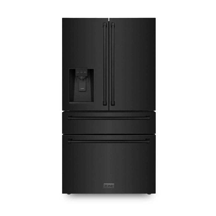 ZLINE Package - 36" Dual Fuel Range, Range Hood, Refrigerator with Water & Ice Dispenser, Dishwasher, Microwave In Black Stainless Steel