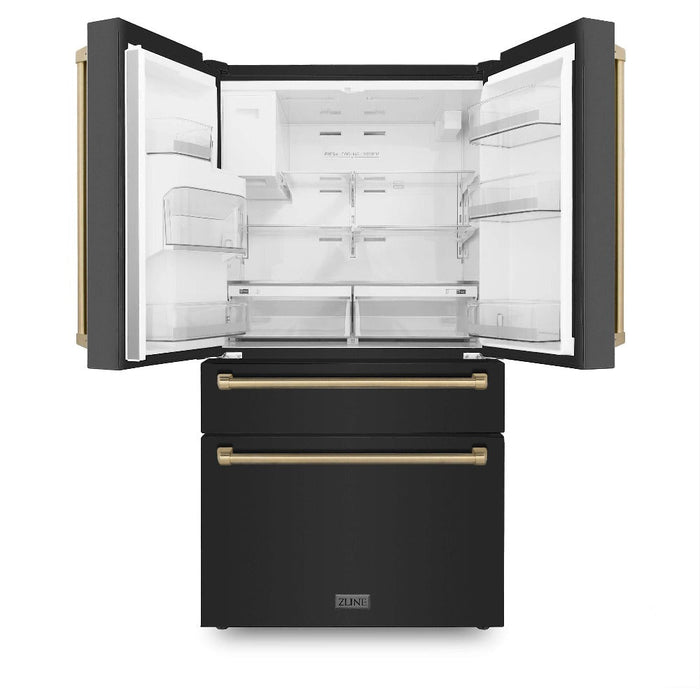 ZLINE Autograph Edition 48 in. Kitchen Package with Black Stainless Steel Dual Fuel Range, Range Hood, Dishwasher, and French Door Refrigerator with Champagne Bronze Accents (4AKPR-RABRHDWV48-CB)