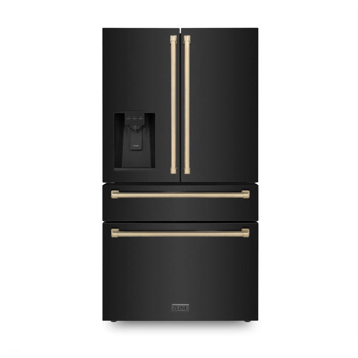 ZLINE 36 In. Autograph Refrigerator with Water and Ice Dispenser in Black with Champagne Bronze Handles, RFMZ-W-36-BS-CB