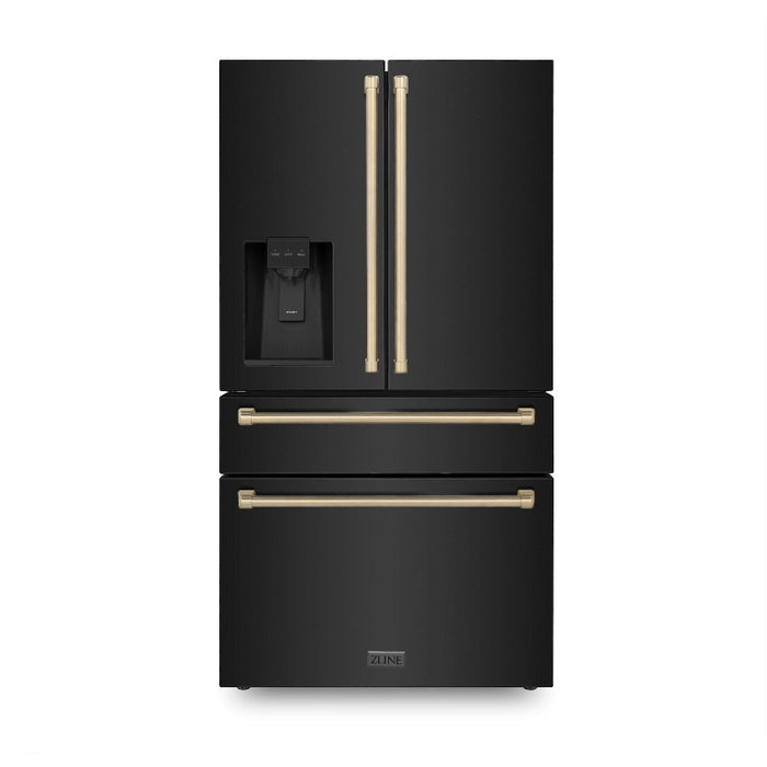 ZLINE Autograph Edition 48 in. Kitchen Package with Black Stainless Steel Dual Fuel Range, Range Hood, Dishwasher, and French Door Refrigerator with Champagne Bronze Accents (4AKPR-RABRHDWV48-CB)