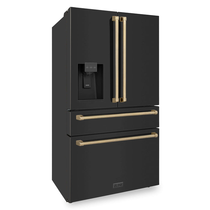 ZLINE 36 In. Autograph Refrigerator with Water and Ice Dispenser in Black with Champagne Bronze Handles, RFMZ-W-36-BS-CB