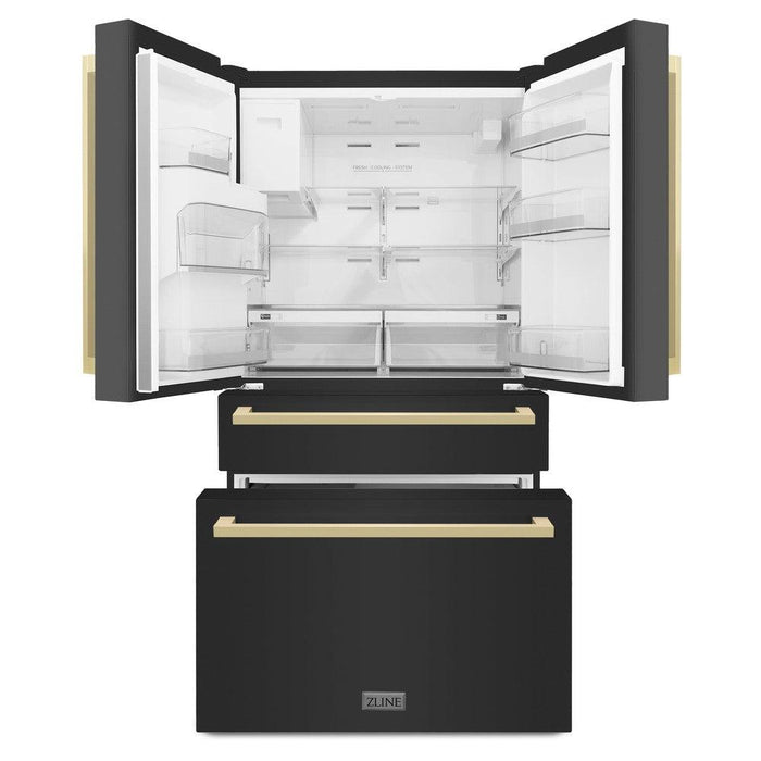 ZLINE Autograph Edition 36 in. 21.6 cu. ft 4-Door French Door Refrigerator with Water and Ice Dispenser in Black Stainless Steel with Champagne Bronze Modern Handles (RFMZ-W36-BS-FCB)